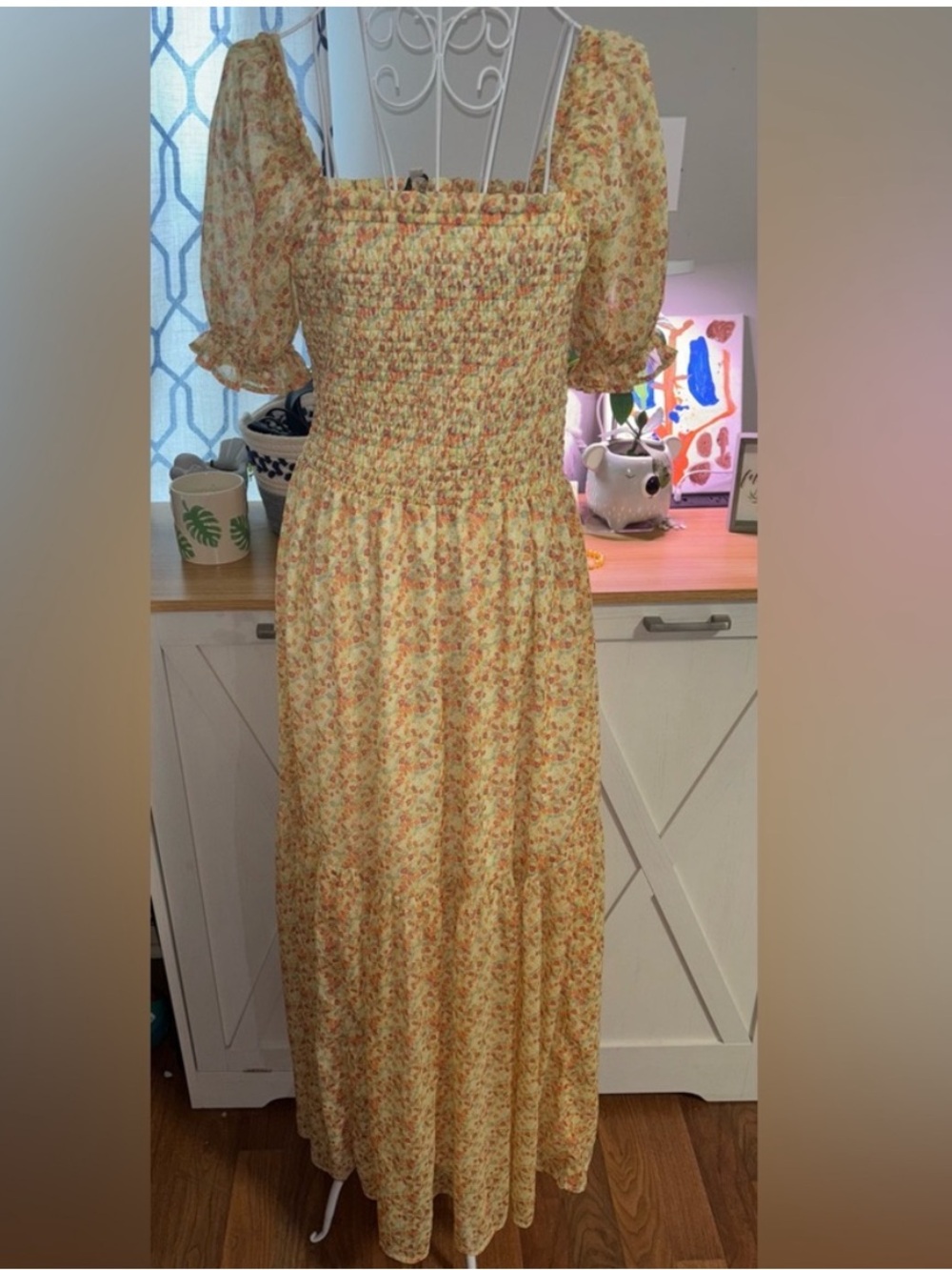 Smocked Puff-Sleeve Maxi Dress in Yellow Floral